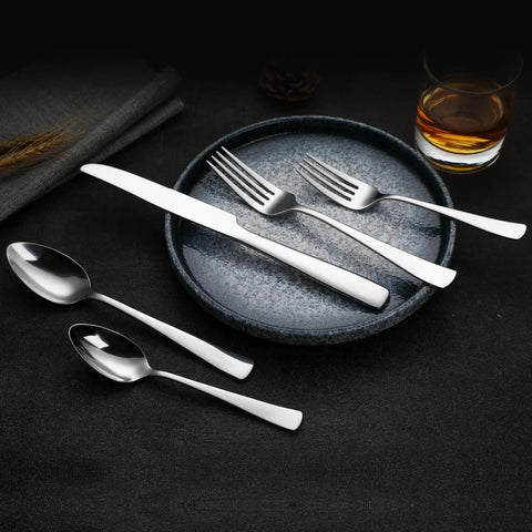 Hella Sturdy 20 Piece Stainless Steel Flatware Set With Crisp Square Edges And Mirror Silver Finish Serves Four Guests Cuts Cleaning Hassles Dishwasher Approved Heavy Weight Cutlery That Adds A Cool Factor To Holiday Feasts And Weekday Suppers