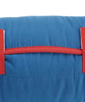 Back view of Team Spirit Nap Mat Set With Built In Pillow And Plush Blanket showing blue fabric and red strap details