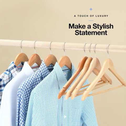 Wooden Coat Hangers 30 Pack Natural Wood Heavy Duty Non Slip For Shirts Jackets Pants Suits With Chrome Swivel Hook Premium Solid Closet Hangers holding checkered shirts