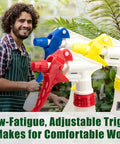 Skip The Flimsy Jugs And Load Up On These Chemical Resistant Spray Bottles 32 Oz Five Pack Heavy Duty Industrial Trigger Sprayer For Auto Detailing And Professional Cleaning. A man using colorful trigger spray bottles.