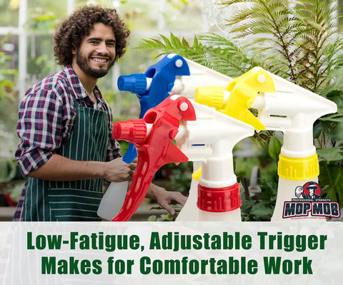 Skip The Flimsy Jugs And Load Up On These Chemical Resistant Spray Bottles 32 Oz Five Pack Heavy Duty Industrial Trigger Sprayer For Auto Detailing And Professional Cleaning. A man using colorful trigger spray bottles.