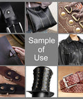 Heavy Hitter Copper Double Cap Leather Rivets Kit With Mixed Sizes And No Sweat Press Tool For Patching Denim Jackets Work Boots Canvas Totes Custom Gear Bronze showcased on various leather goods.