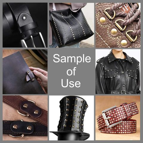 Heavy Hitter Copper Double Cap Leather Rivets Kit With Mixed Sizes And No Sweat Press Tool For Patching Denim Jackets Work Boots Canvas Totes Custom Gear Bronze showcased on various leather goods.
