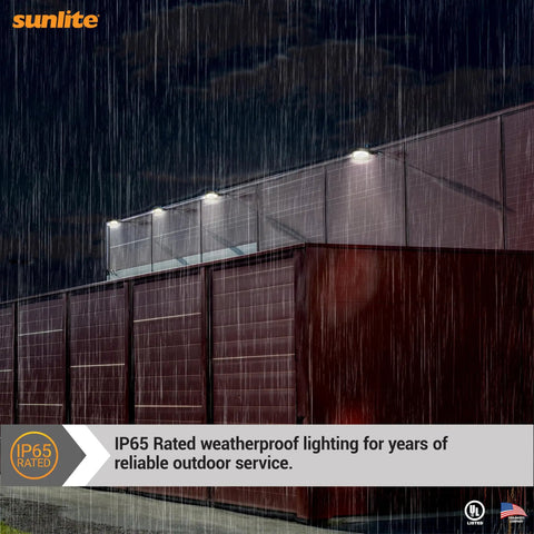 LED Roadway Security Light With Dusk To Dawn Sensor illuminating building in rain, weatherproof, UL listed