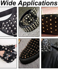 Dope Gun Metal Bullet Spike Studs And Rivets 100 Pack Screw Back Hardware For Streetwear Boots Leather Mods Jackets Bags With Tool Kits 3/16 Inch Height showcased on various leather items including belts and shoes.