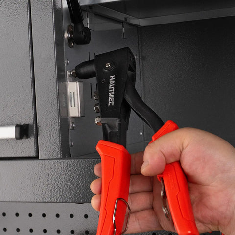 Heavy Duty Pop Rivet Gun Kit Workhorse With 120 Pieces Rivets And 4 Interchangeable Heads in use on metal surface