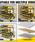 Heavy Duty Power Tool Organizer Wall Mount Rack With 300 LB Capacity on brick wall, wooden board wall, and pegboard in garage
