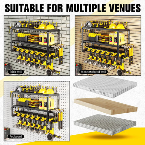 Heavy Duty Power Tool Organizer Wall Mount Rack With 300 LB Capacity on brick wall, wooden board wall, and pegboard in garage
