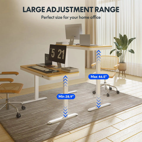 Electric Height Adjustable Standing Desk With USB Charging Port And Drawers, 48 Inch Maple Top White Frame, in home office.