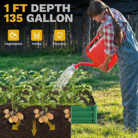 Raised Garden Bed Kit 6x3x1 Ft Outdoor Galvanized Metal Planter Box With Gloves, used for vegetables and herbs, side view