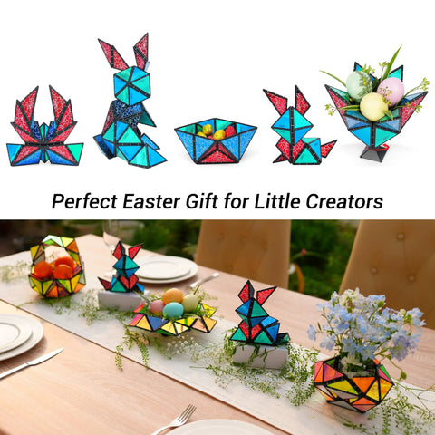 Magnet Pyramid Transforming Puzzle Cube With 243 Magnets And Spinner Accessory Including 12 Pieces shows bunny and egg shapes.