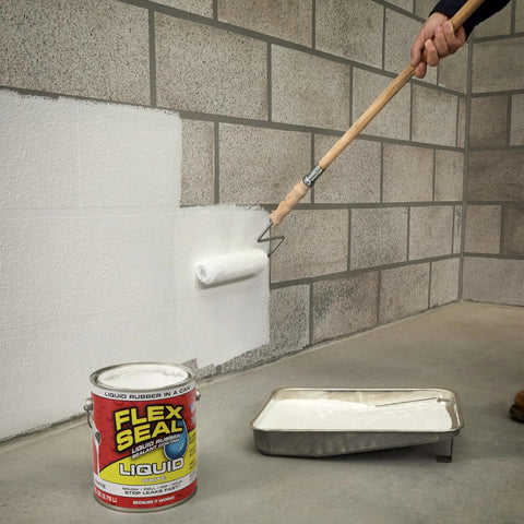 Liquid Rubber Coating Sealant For Waterproof, Flexible Protection On Roofs, Basements, RVs, Campers, Trailers, Marine Surfaces And Masonry White One Gallon With UV Resistant Breathable Finish And Easy Brush Or Pour Application applied to cinder block wall with roller