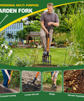 Person using Heavy Duty Garden Fork With 4 Tines 45 Inch Spading Fork Steel Handle And Enhanced D Handle in garden