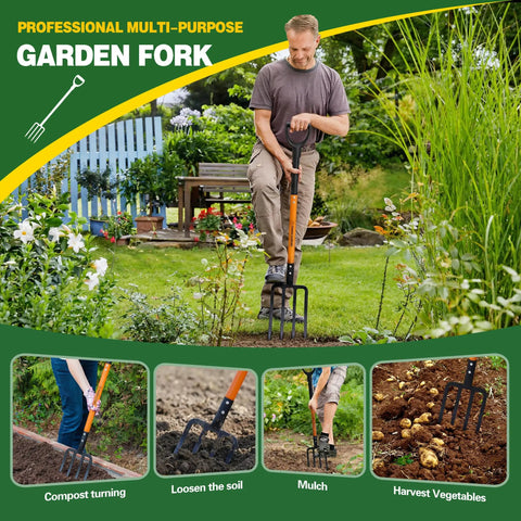 Person using Heavy Duty Garden Fork With 4 Tines 45 Inch Spading Fork Steel Handle And Enhanced D Handle in garden