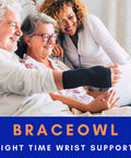 Three people smiling, one wearing a Carpal Tunnel Wrist Brace Adjustable Night Splint For Pain Relief From Tendonitis And Arthritis