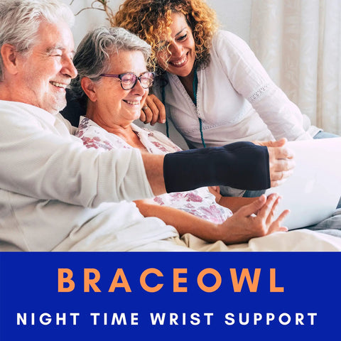 Three people smiling, one wearing a Carpal Tunnel Wrist Brace Adjustable Night Splint For Pain Relief From Tendonitis And Arthritis