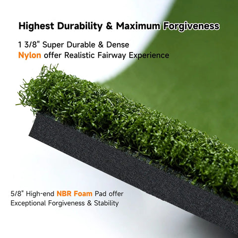 Close-up of Durable 4 By 5 Feet Golf Hitting Mat With 2 Inch Thick Nylon Turf And Premium NBR Foam Base showing layered construction.