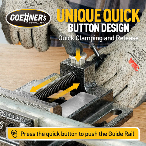 Bench Vise Built Tough As Nails In Forged Steel, 4-1/4 Inch Capacity Drill Press Vise showing quick release mechanism