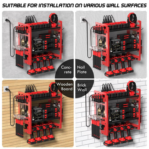Power Tool Organizer Wall Mount With Charging Station And Storage Rack, 3 Tier Heavy Duty Metal Tool Rack With 4 Drill Holders