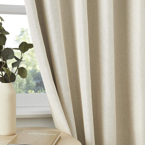 Close-up of 102 Inch Pinch Pleated Blackout Curtains Two Panels with Hooks for Track Sliding Doors in Natural Birch color.