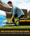 Badass Pro Grade 4 Gallon Cordless Wet Dry Shop Vacuum With 24V Lithium Ion Battery Toolbox Design Jobsite Beast inflating a pool float.