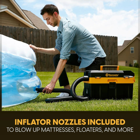 Badass Pro Grade 4 Gallon Cordless Wet Dry Shop Vacuum With 24V Lithium Ion Battery Toolbox Design Jobsite Beast inflating a pool float.