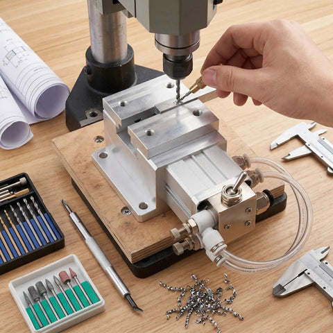 Aluminum Alloy Pneumatic Vise With No Sweat Air Powered Clamping Grip and Quick Connect Setup for smooth CNC drilling.
