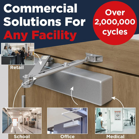Rock Solid Heavy Duty Commercial Door Closer Automatic Self Closing Hardware For High Traffic Buildings Smooth As Butter Hydraulic Soft Close Damper In Sleek Silver mounted on a wooden door.
