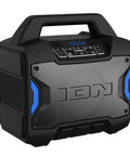 Black portable Tailgater Boom Outdoor Portable Bluetooth Speaker With Mic In FM Radio USB Port Battery IPX5 Water Resistant Wireless Stereo Link App Control 60W Peak Power For Parties Karaoke Tailgating Travel And Family Gatherings with handle and control panel on top, mesh front panel and blue accents