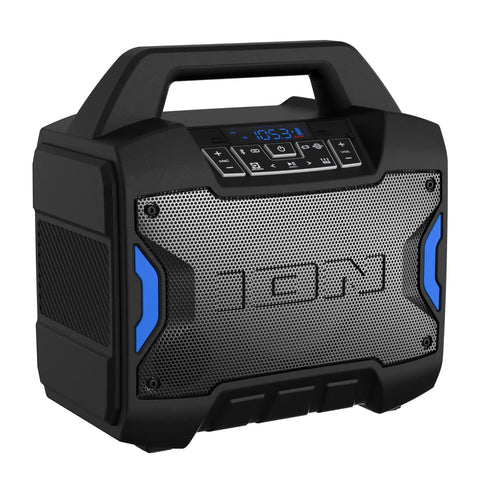 Black portable Tailgater Boom Outdoor Portable Bluetooth Speaker With Mic In FM Radio USB Port Battery IPX5 Water Resistant Wireless Stereo Link App Control 60W Peak Power For Parties Karaoke Tailgating Travel And Family Gatherings with handle and control panel on top, mesh front panel and blue accents
