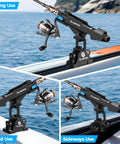 2 In 1 Kayak Fishing Rod Holder For Boats Track Mounted And Deck Mounted Universal Boat Rod Holder For Kayaks And Small Boats Keeps Your Rods Locked In While You Paddle Or Cast. Black 360° rod holder shown in sliding, fixed, and sideways use on a kayak rail.