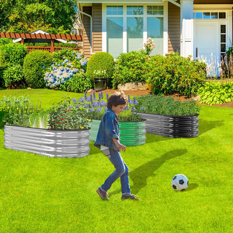 Child playing near Heavy Duty Galvanized Raised Garden Bed For Outdoors Oval 8 By 4 By 1 Foot Planter Box For Veggies And Flowers Built To Last Metal Garden Bed Easy To Install Silver