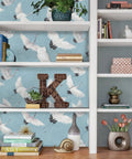 Shelf with blue halcyon crane peel and stick wallpaper removable no residue repositionable for walls and rentals, decor items on shelves