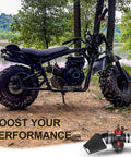 Mini bike with Predator 212cc engine, featuring a 24mm Carburetor Kit Upgrade, shown near a lake, boosting performance