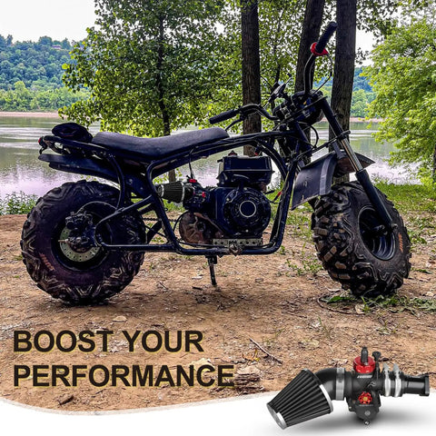 Mini bike with Predator 212cc engine, featuring a 24mm Carburetor Kit Upgrade, shown near a lake, boosting performance