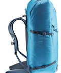 Side view of Durascent 44 Plus 10L Alpine Backpack For Hiking And Mountaineering, featuring blue waterproof material and straps.