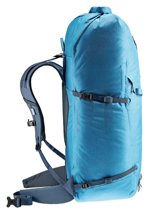 Side view of Durascent 44 Plus 10L Alpine Backpack For Hiking And Mountaineering, featuring blue waterproof material and straps.