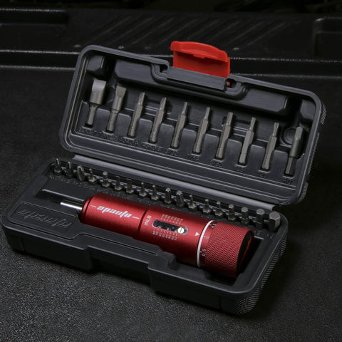 Versatile Manual Wrench And Screwdriver Set For Firearms And Bikes 28 Piece Tool Kit With 27 Bits Flat Torx Hex Phillips Square Head Adapter Heavy Duty Red Case Precise 10 To 80 In Lbs Torque For Gunsmiths And Mechanics in red case