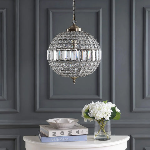 Antique Brass Crystal LED Pendant Light With Clear Glam Globe Shade, Totally Glam Modern Hanging Ceiling Lamp, shown in room.