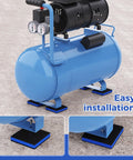 Heavy Duty Vibration Isolator Pads 4 By 4 By Seven Eighths Inch With 3 Eighth Inch Pre Drill Hole Rubber Noise Dampening Pads shown under a blue air compressor