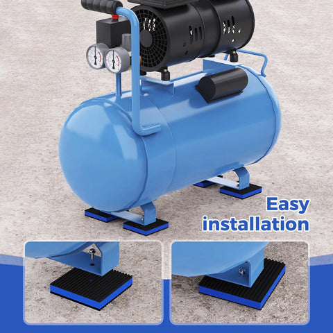 Heavy Duty Vibration Isolator Pads 4 By 4 By Seven Eighths Inch With 3 Eighth Inch Pre Drill Hole Rubber Noise Dampening Pads shown under a blue air compressor