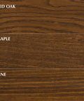 Sample wood finishes showing Red Oak, Maple, and Pine with rich textures for Rich Dark Walnut Gel Stain Water Based Finish.