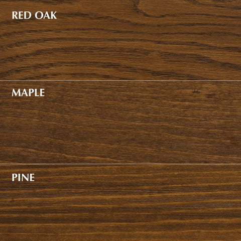 Sample wood finishes showing Red Oak, Maple, and Pine with rich textures for Rich Dark Walnut Gel Stain Water Based Finish.