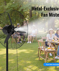 Magnetic Outdoor Fan Misting Kit With Triple Nozzle Design, misting metal fan near patio with people gathered on lawn