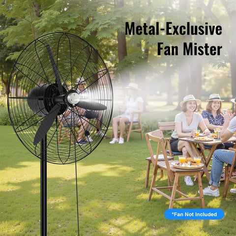 Magnetic Outdoor Fan Misting Kit With Triple Nozzle Design, misting metal fan near patio with people gathered on lawn