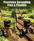 Heavy Duty Walk Behind Broadcast Spreader For Fertilizer Seed And Salt With Anti Clog Hopper Rain Cover 50 Pound Capacity All Terrain Spreader With Adjustable Flow And Pneumatic Tires For Year Round Lawn Care in use on garden
