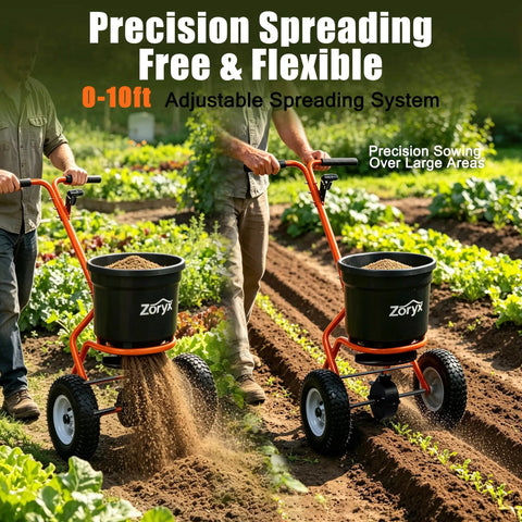 Heavy Duty Walk Behind Broadcast Spreader For Fertilizer Seed And Salt With Anti Clog Hopper Rain Cover 50 Pound Capacity All Terrain Spreader With Adjustable Flow And Pneumatic Tires For Year Round Lawn Care in use on garden