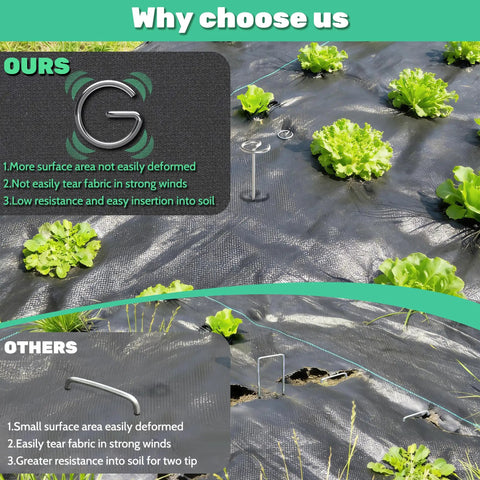 Comparison of 12 Inch 8 Gauge Circle Top Landscape Fabric Staples Galvanized Steel Garden Pins for weed barrier installation.