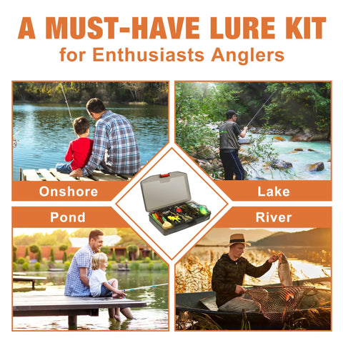 Complete Fishing Lures Kit with Tackle Box shown in various fishing conditions including onshore and lake settings.
