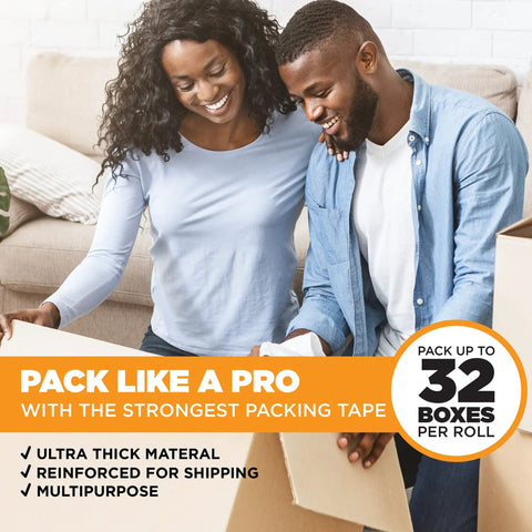 Couple packing boxes with Heavy Duty Clear Packing Tape 2.7 Mil, 36 Rolls Each 60 Yards, ideal for moving and storage.